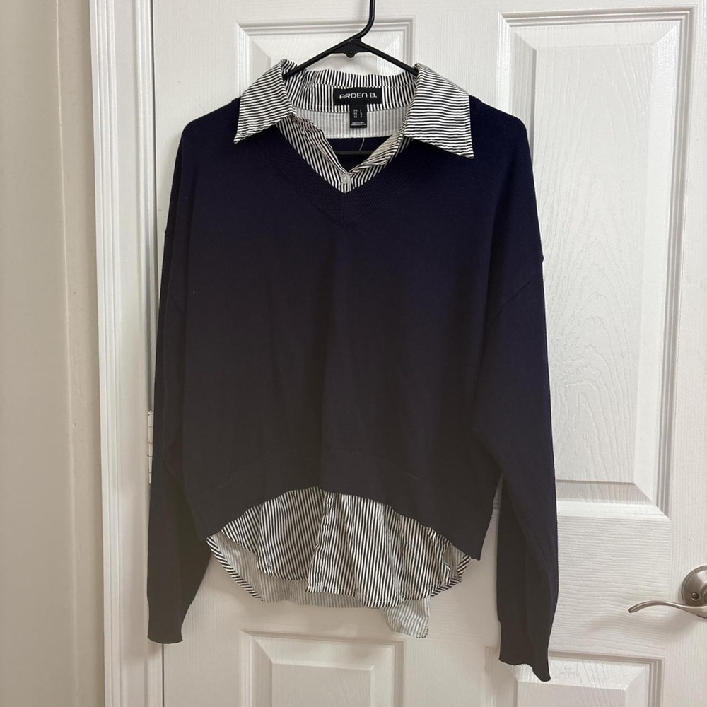 Ardene Navy V‑Neck Layered Sweater with Striped Shirt Detail